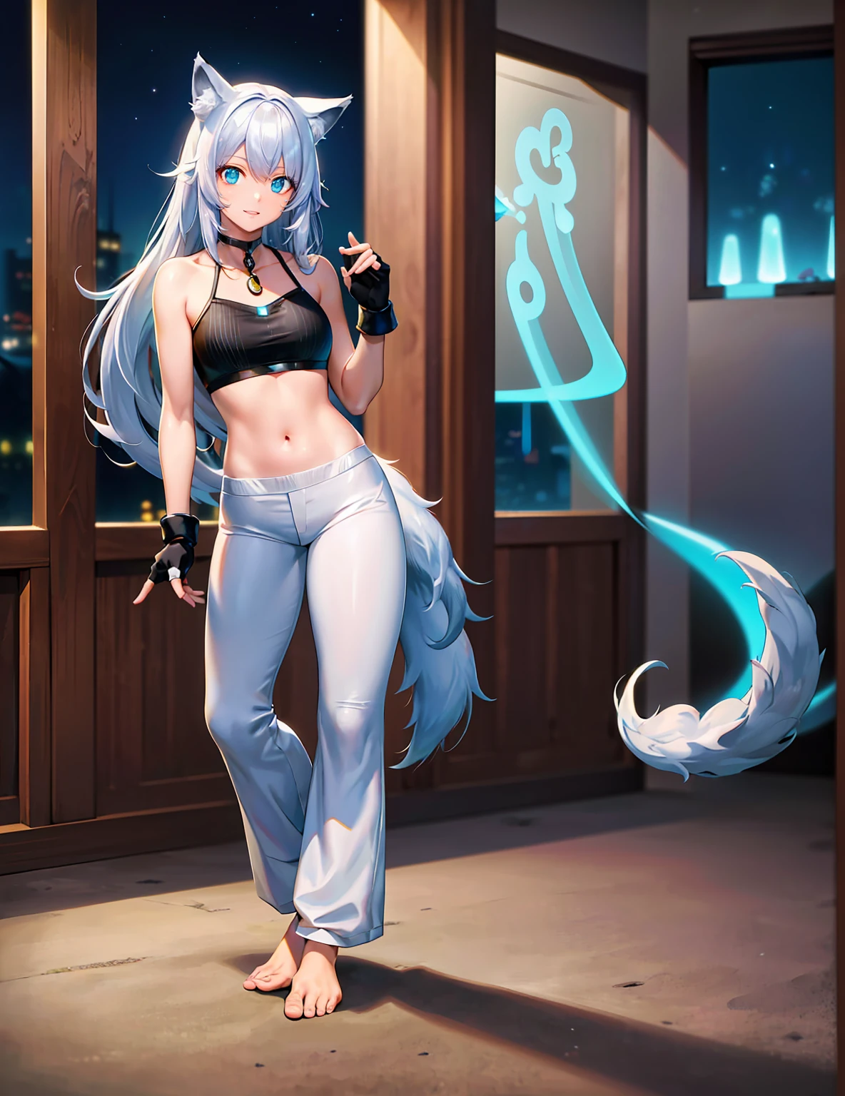 (best quality, ultra-high resolution, depth of field:1.2), (full body shot:1.2), (perfect body:1.2), (medium breasts:1.2), beautiful face, (18 years old), (wolf woman), blue eyes, (beautiful smile), (white hair), animal ears, (fluffy wolf ears), (fluffy wolf tail), (capoeira fighter top:1.2), (fingerless gloves:1.2), (capoeira fighter pants:1.2), (bare feet:1.2), night time, (multiple points of views), standing, (bioluminescence:1.2),masterpiece,score_9,score_8_up,best quality,incredibly absurdres,anime
