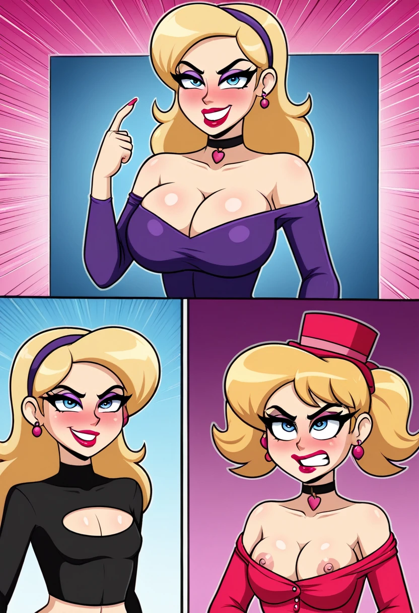 2 girls, a 40-year-old blonde posh mother with big breasts arguing, and her flat chest blonde 4-year-old posh daughter , dressed posh, horny