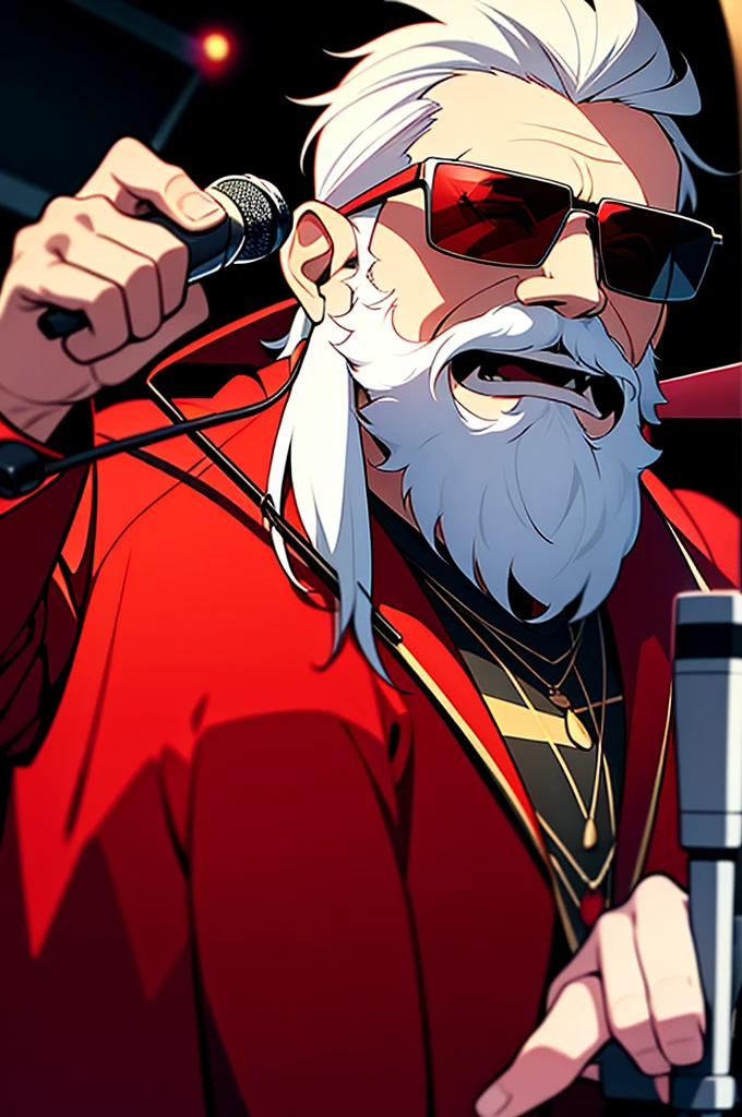 Old Wizard wearing a Red Wizard outfit and wearing sunglasses and rocking a wicked white beard in the recording studio, rapping into a hanging microphone, recording studio for music , soundproof walls, 4k , high quality