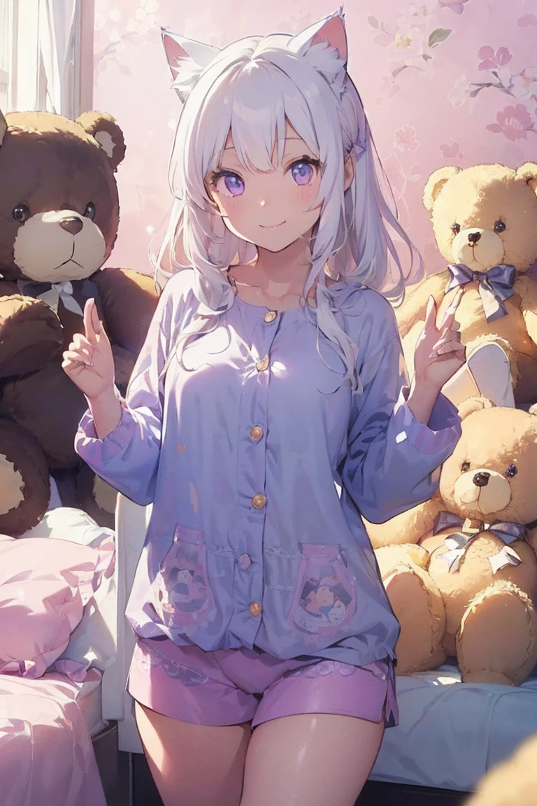 BREAK,{{Masterpiece}},{{best quality}},{{illustration}},{beautiful detailed eyes},{{cinematic lighting}},1girl,isla,white hair,long hair,double twintails,red eyes,very happy,blush,smile,pink pajamas,sitting on bed,plushies on bed,hugging teddy bear