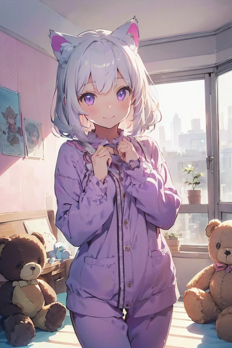 (((masterpiece))), (((highest quality))), ((Very detailed)), ((Very detailedなイラスト)), ((Ultra-fine painting)), (16K highest quality wallpaper:1.4), (Detailed and elaborate illustration style,:1.8) Detailed skin texture, High quality fabric, , (T-masterpiece), (Very detailedな顔:1.4), original, RAW Photos, Professional, Intricate details, Very detailed, Direct sunlight:1.6, ,(Cowboy Shot:1.9)、(Perfect Anatomy:1.4), (Extremely elaborate hands:1.2), (Very elaborate fingers:1.2), (Very elaborate fingers先:1.2),, (alone:1.6), (beautiful and adorable cat ears:1.6), (Intricate and delicate cat ears:1.4), (beautiful, Shiny white hair:1.6), (Very fine and delicate white hair:1.4),, (Very detailedな顔:1.4),(Light purple eyes:1.6),(smile:1.4),Cute 18 year old girl in polka dot pajamas, (((In a pink room full of teddy bears, Anime-style images