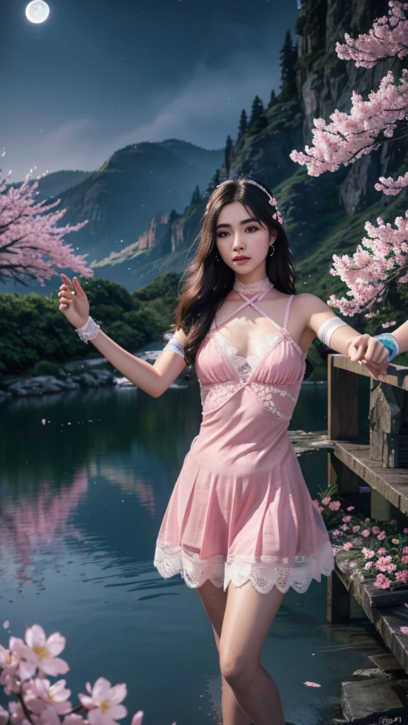 8K, ultra hd, masterpiece, 1 girl, ((18 years old girl)), good face, very long hair, detailed eyes, detailed lips, small breasts, ((tape clothing, pink clothing)), ((criss-cross lace)), sardine, ornament, jewellery, antique jewellery, loops, straps, dim lighting, epic scenery, ((night scenery:1.5)), ((Realistic moon)), cherry blossom, beautiful, rain, flowers, butterfly, water reflection, RTX 4090, (unreal engine 5), ray tracing, bloom effect, perfect pose,