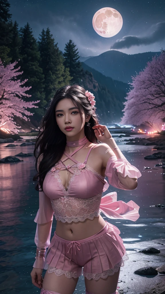 8K, ultra hd, masterpiece, 1 girl, ((18 years old girl)), good face, very long hair, detailed eyes, detailed lips, small breasts, ((tape clothing, pink clothing)), ((criss-cross lace)), sardine, ornament, jewellery, antique jewellery, loops, straps, dim lighting, epic scenery, ((night scenery:1.5)), ((Realistic moon)), cherry blossom, beautiful, rain, flowers, butterfly, water reflection, RTX 4090, (unreal engine 5), ray tracing, bloom effect, perfect pose,