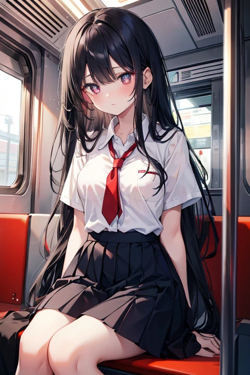 1girl, long black hair, red and blue pupils, school clothes With white shirt, Sitting in a seat in the train