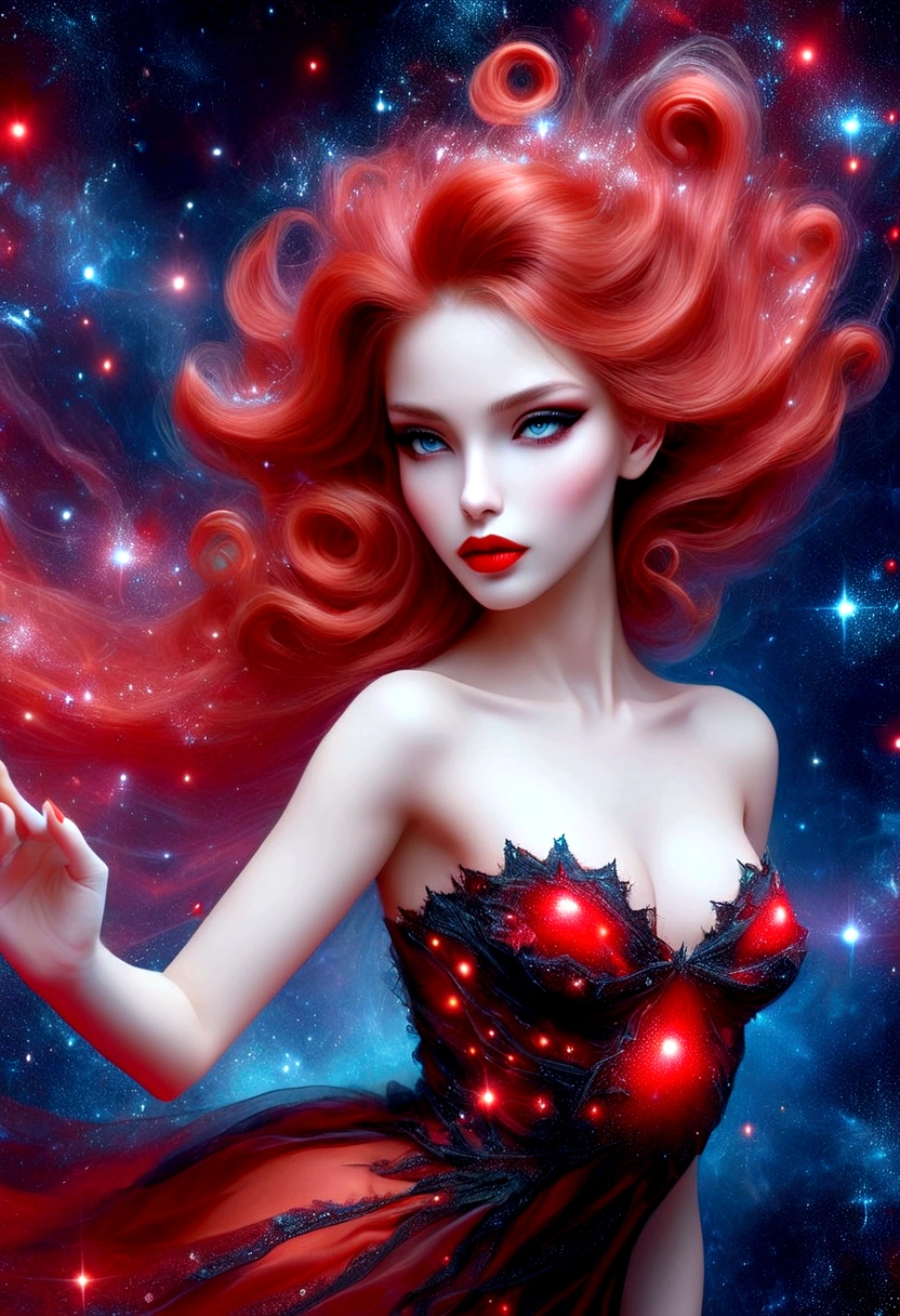 ragingnebula,high quality , dress made out of red stars, close up photo of very seductive red lips,sexy,beautiful,realistic,lifelike,studio photo,highly detailed,beautiful highly detailed eyes, dreamcore, Illustrations in the style of fantasy mythology, ultra realistic illustration, complementary colors