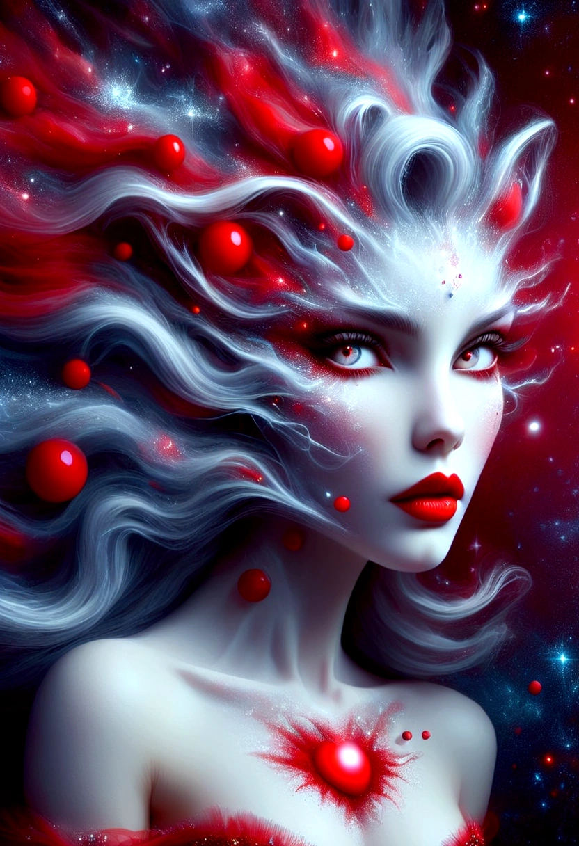 ragingnebula,high quality , dress made out of red stars, close up photo of very seductive red lips,sexy,beautiful,realistic,lifelike,studio photo,highly detailed,beautiful highly detailed eyes, dreamcore, Illustrations in the style of fantasy mythology, ultra realistic illustration, complementary colors