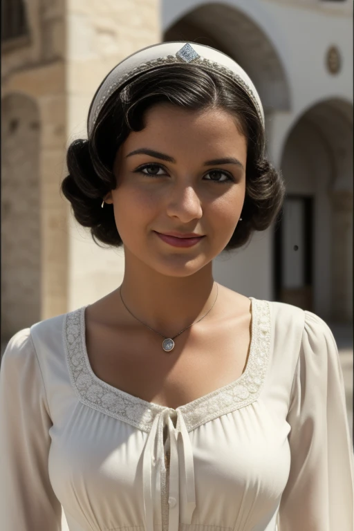 Tetouan, 1936. Close-up portrait of a young ((((25 Jahre alt)) Sira Quiroga)), Nice, schlank, in einer Schneiderwerkstatt, ein Kleid an einer Schaufensterpuppe befestigen, ((((modische Kleidung aus den 1930er Jahren)))), ((Frisur der 1930er Jahre)), (bunt)