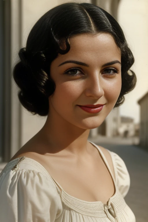 Tetouan, 1936. Close-up portrait of a young ((((25 Jahre alt)) Sira Quiroga)), Nice, schlank, in einer Schneiderwerkstatt, ein Kleid an einer Schaufensterpuppe befestigen, ((((modische Kleidung aus den 1930er Jahren)))), ((Frisur der 1930er Jahre)), (bunt)