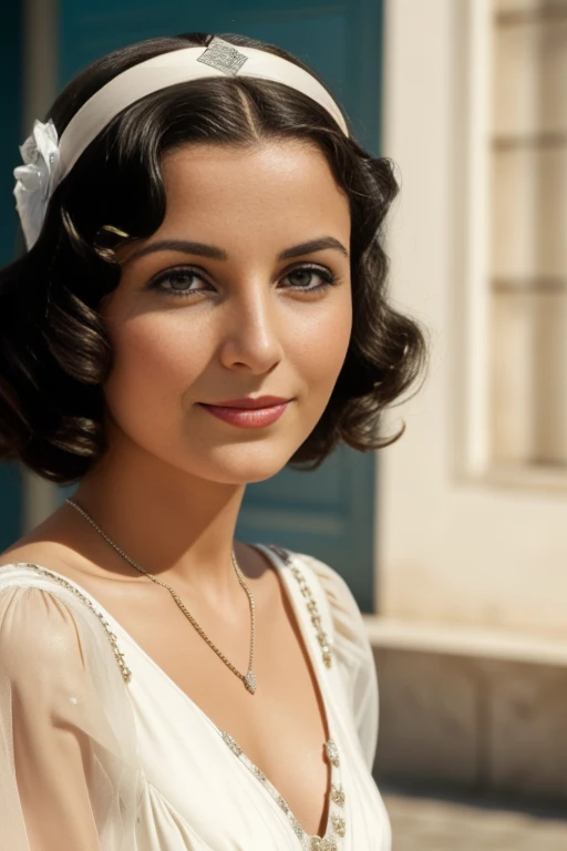 Tetouan, 1936. Close-up portrait of a young ((((25 Jahre alt)) Sira Quiroga)), Nice, schlank, in einer Schneiderwerkstatt, ein Kleid an einer Schaufensterpuppe befestigen, ((((modische Kleidung aus den 1930er Jahren)))), ((Frisur der 1930er Jahre)), (bunt)