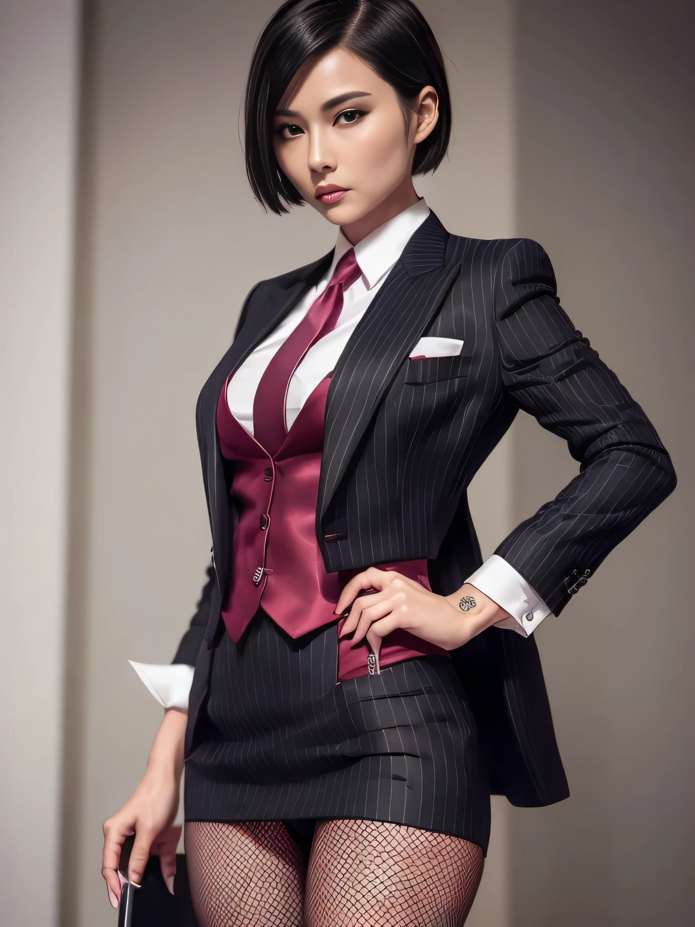 1 woman, ada wong, fully clothed, skirt suit, suit and tie, (((three-piece suit))), silk dress shirt, shirt and tie, necktie, ((blazer)), ((suit jacket)) ((waistcoat)), ((bodycon miniskirt)), pantyhose, tights, stockings, ((pinstripe suit)), high heels, tie clip, pocket square, tailored suit, (((cufflinks))),