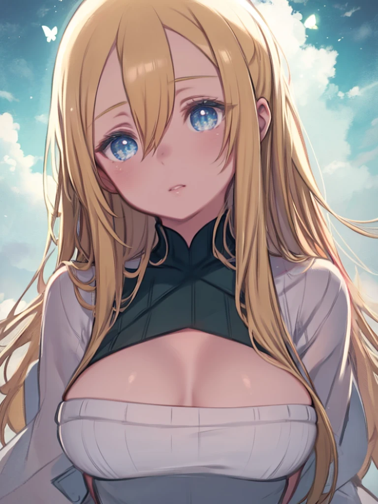 One Girl、Long blonde、Hair between the eyes、Big Breasts、Green Lip Sweater、Turtleneck sweater、White Cape、Butterfly sucking nectar from a flower、Staring at the gut、Sparkling eyes、Upper Body、Angle from below、beautiful、Flower Field、
