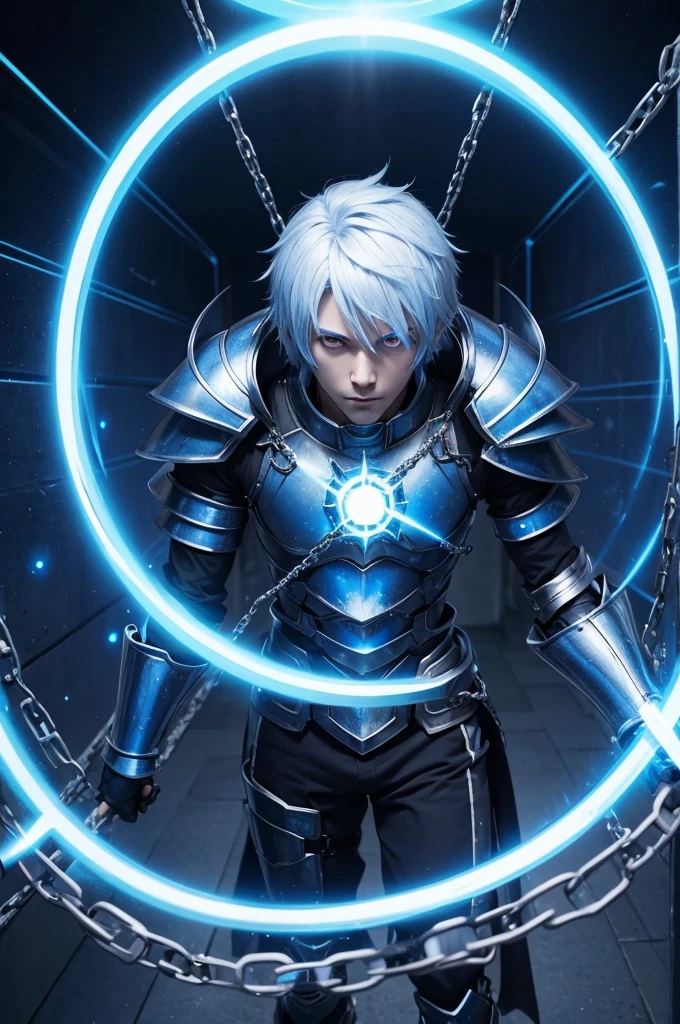 Man with anime features, manipulating portals with shiny blue armor while holding chains that are between the portals