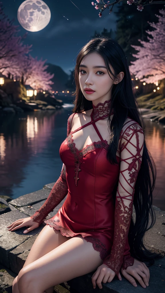 8K, ultra hd, masterpiece, 1 girl, ((18 years old girl)), good face, very long hair, detailed eyes, detailed lips, small breasts, detailed clothing, red clothing, ((criss-cross lace)), sardine, ornament, jewellery, antique jewellery, loops, straps, dim lighting, epic scenery, ((night scenery:1.5)), ((Realistic moon)), cherry blossom, beautiful, rain, flowers, butterfly, water reflection, RTX 4090, (unreal engine 5), ray tracing, bloom effect, front body, sitting,