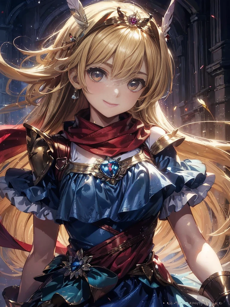 masterpiece、1 beautiful girl、fine eyes、smile,puffy eyes、highest quality, 超High resolution, (reality: 1.4), movie lighting、super beautiful、beautiful skin、body facing forward、Upper body,close up of face,(Ultra-realistic)、(High resolution)、(8k)、(very detailed)、(Beautiful and fine eyes)、(Super detailed)、 (wall-)、detailed face、bright lighting、professional lighting、looking at the viewer、look straight ahead、slanted bangs、perfect cosplay, highest quality,super detailed,1 girl,alone,magical princess,blonde hair,blue clothes,blue skirt,brown eyes,feather hair band,long hair,pauldron,boots,red scarf,tiara,white shoes, flower field background,prepare a bow