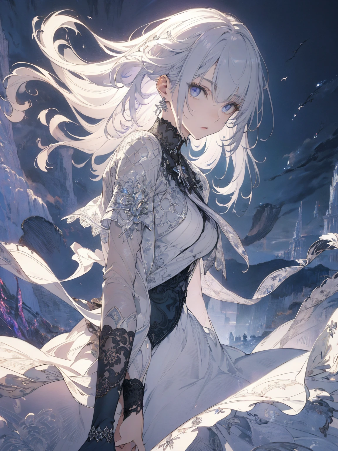 (Landscape photo, with a woman in the bottom right of photo:1.5, gray white background:1.5, fantasy), Masterpiece, best quality, (very detailed CG unity 8k wallpaper), (best quality), High definition RAW color art, Animation,sculptures, white Skin, (((Ultra detailed elegant))), Magical atmosphere, Detailed skin, Texture,(Intricately detailed, Fine detail, ultra-detail art), Silky Touch, Hyper Detail, beautiful eyes, elegant face, (upper body focus), silver hair, The wind is blowing, portrait, bracelet, pastel purple, enormous breast, gray clothing, Long Bangs, profile, Jersey