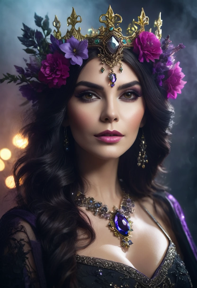 a beautiful woman WITCH WITH A crown and flowers and jewels the Style-RustMagic, Aum, (atmosfera escura:1.2), (Mist & smoke), (noite escura:1.3), Cicatrizes, (shaggy medium length dark hair:1.1), (sombra:1.1), (brilho lindamente detalhado:1.2), (cinematic lighting), detalhe intrincado, high resolution,