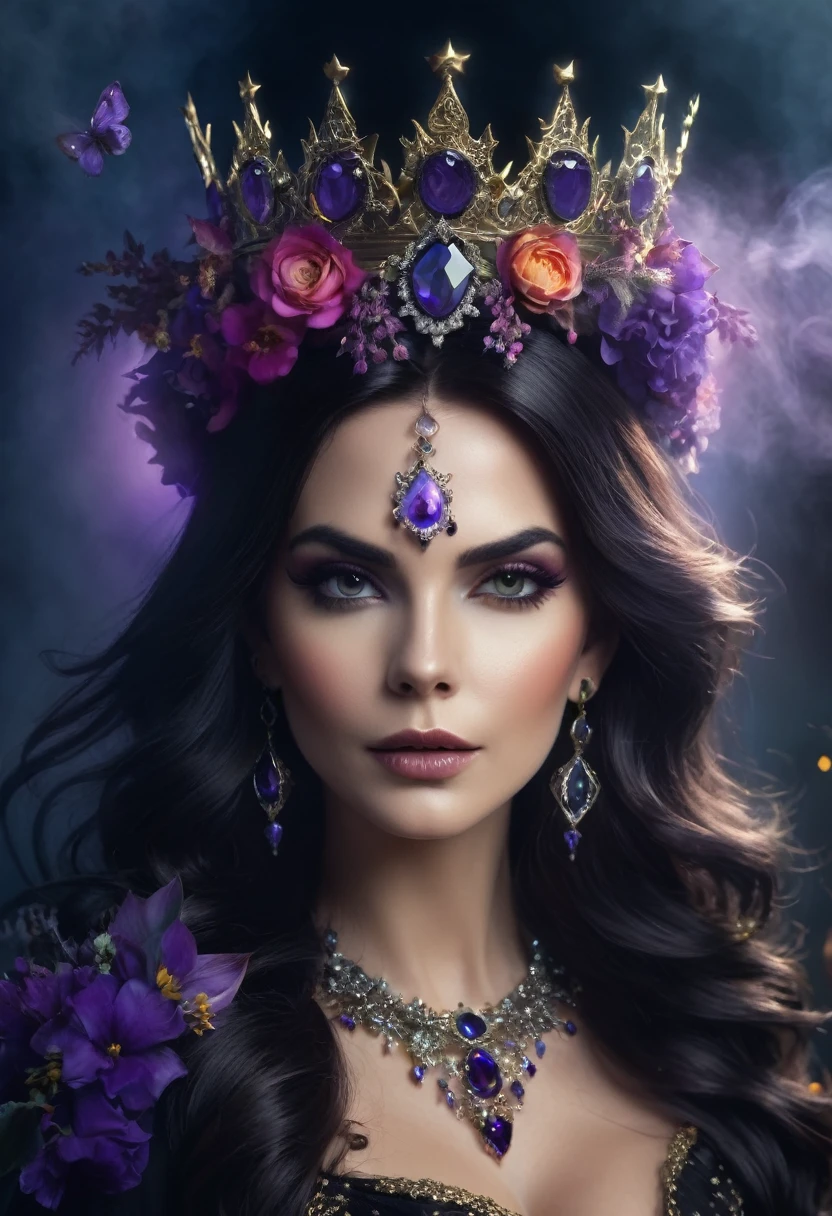 a beautiful woman WITCH WITH A crown and flowers and jewels the Style-RustMagic, Aum, (atmosfera escura:1.2), (Mist & smoke), (noite escura:1.3), Cicatrizes, (shaggy medium length dark hair:1.1), (sombra:1.1), (brilho lindamente detalhado:1.2), (cinematic lighting), detalhe intrincado, high resolution,