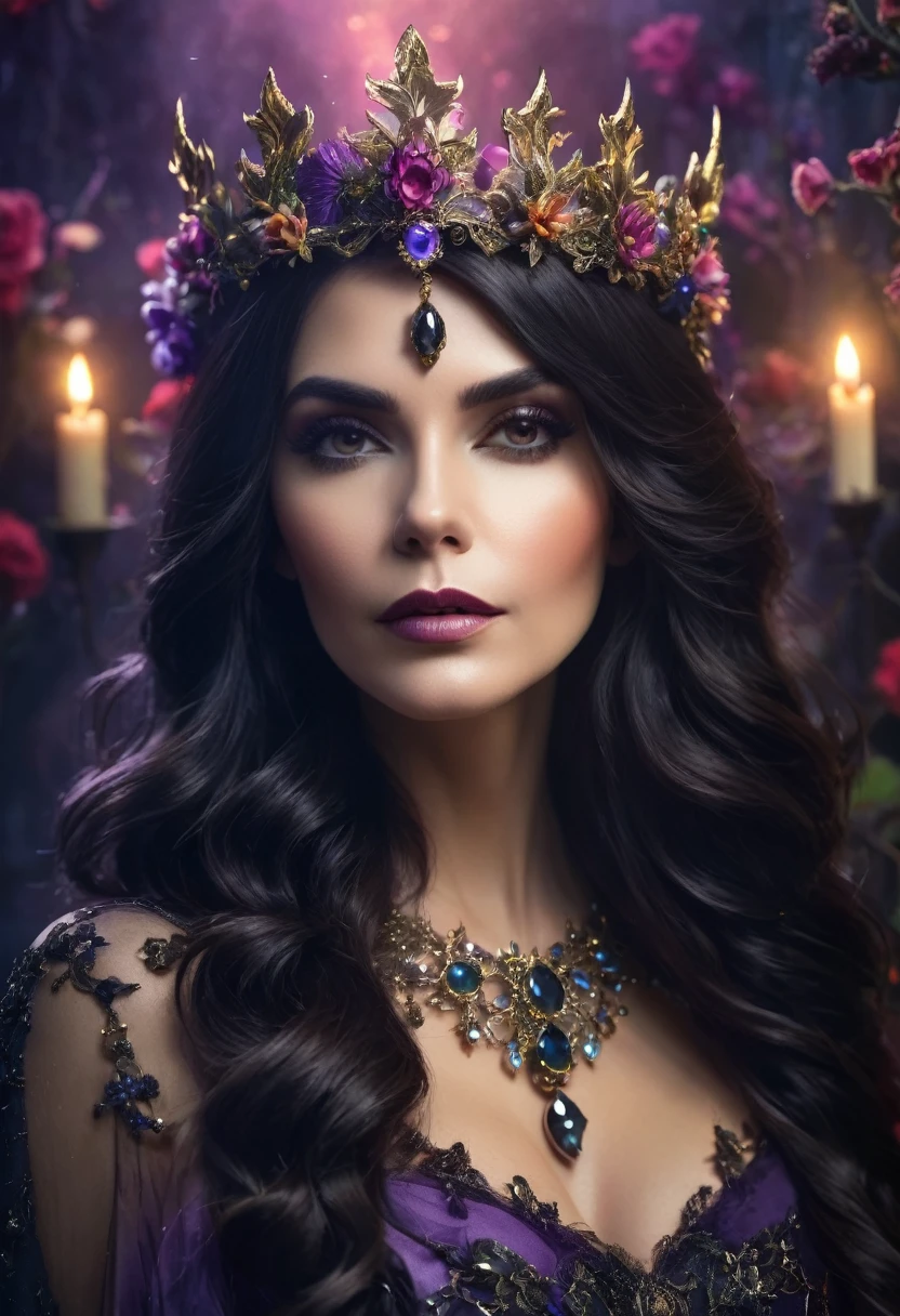 a beautiful woman WITCH WITH A crown and flowers and jewels the Style-RustMagic, Aum, (atmosfera escura:1.2), (Mist & smoke), (noite escura:1.3), Cicatrizes, (shaggy medium length dark hair:1.1), (sombra:1.1), (brilho lindamente detalhado:1.2), (cinematic lighting), detalhe intrincado, high resolution,
