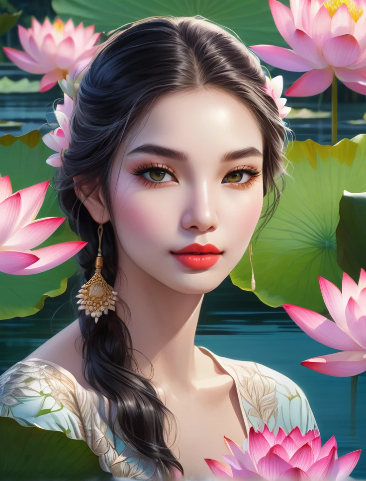 a beautiful young woman sitting on the shore of a serene lake, surrounded by lush lotus flowers, majestic crocodile swimming in the distance, detailed facial features, extremely detailed eyes and face, long eyelashes, beautiful detailed lips, high quality portrait, intricate details, vibrant colors, dramatic lighting, environmental portrait, serene landscape, mystical atmosphere