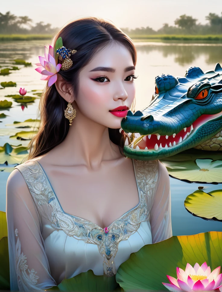 a beautiful young woman sitting on the shore of a serene lake, surrounded by lush lotus flowers, majestic crocodile swimming in the distance, detailed facial features, extremely detailed eyes and face, long eyelashes, beautiful detailed lips, high quality portrait, intricate details, vibrant colors, dramatic lighting, environmental portrait, serene landscape, mystical atmosphere