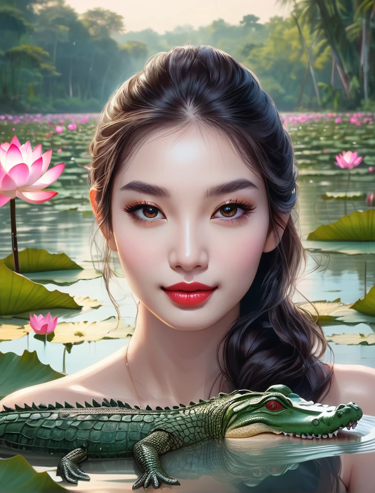 a beautiful young woman sitting on the shore of a serene lake, surrounded by lush lotus flowers, majestic crocodile swimming in the distance, detailed facial features, extremely detailed eyes and face, long eyelashes, beautiful detailed lips, high quality portrait, intricate details, vibrant colors, dramatic lighting, environmental portrait, serene landscape, mystical atmosphere