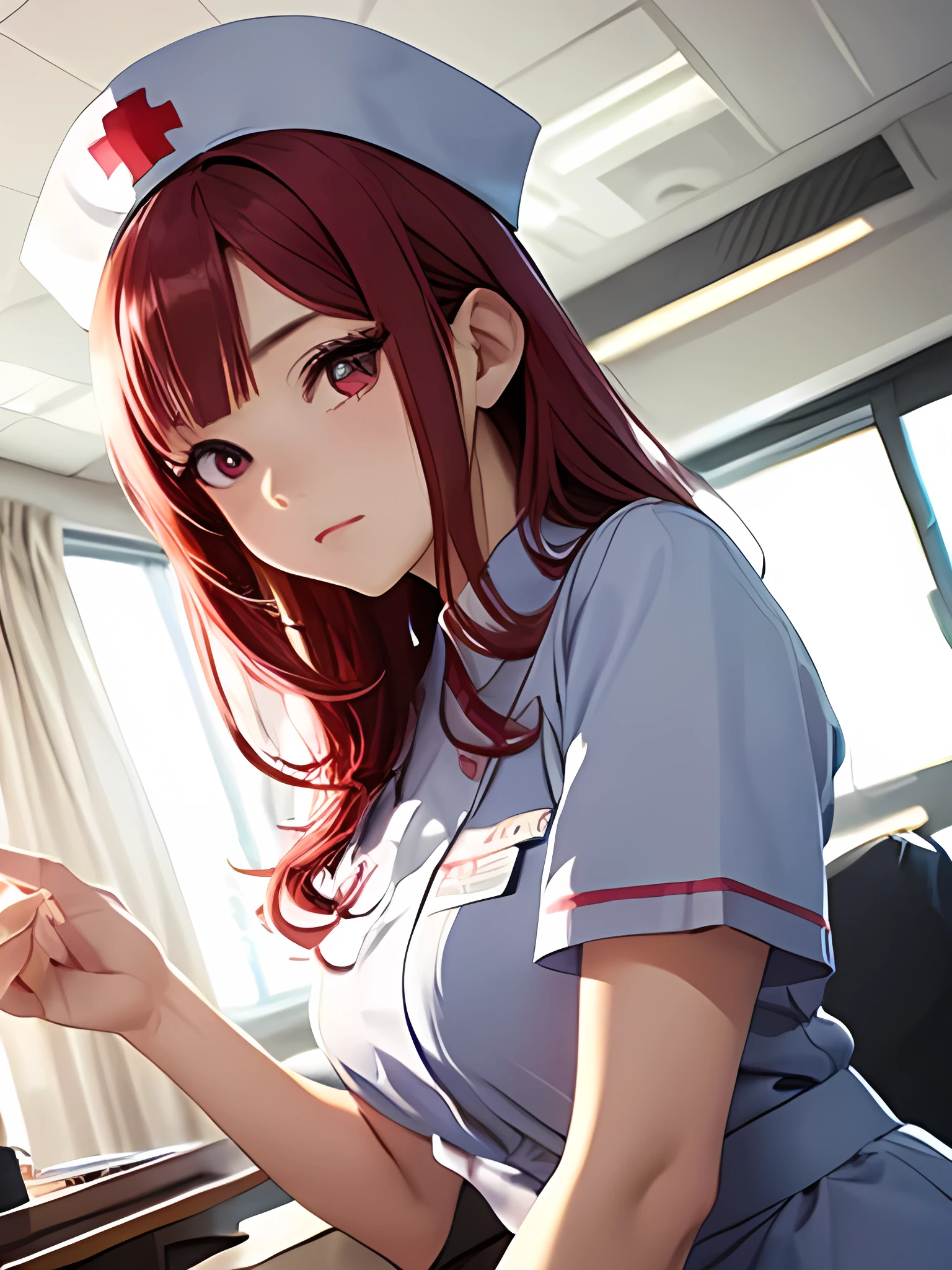 beautiful young woman, anime style, long flowing red hair, pink eyes with gradient, detailed iris, bright highlights, delicate features, soft lighting, wearing a nurse uniform, white dress, nurse hat, elegant design, hospital background, caring expression, dynamic pose, Japanese anime style, high quality, highly detailed, 8k resolution, cinematic lighting, best quality, vibrant colors, Instagrammable, aesthetic, trendy