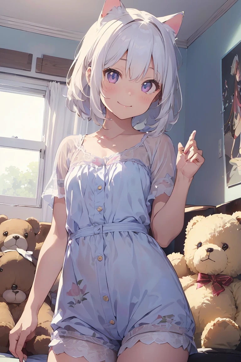 (((masterpiece))), (((highest quality))), ((Very detailed)), ((Very detailedなイラスト)), ((Ultra-fine painting)), (16K highest quality wallpaper:1.4), (Detailed and elaborate illustration style,:1.8) Detailed skin texture, High quality fabric, , (T-masterpiece), (Very detailedな顔:1.4), original, RAW Photos, Professional, Intricate details, Very detailed, Direct sunlight:1.6, ,(Cowboy Shot:1.9)、(Perfect Anatomy:1.4), (Extremely elaborate hands:1.2), (Very elaborate fingers:1.2), (Very elaborate fingers先:1.2),, (alone:1.6), (beautiful and adorable cat ears:1.6), (Intricate and delicate cat ears:1.4), (beautiful, Shiny white hair:1.6), (Very fine and delicate white hair:1.4),, (Very detailedな顔:1.4),(Light purple eyes:1.6),(smile:1.4),Cute 18 year old girl in polka dot pajamas, (((In a pink room full of teddy bears, Anime-style images