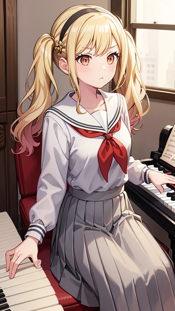 masterpiece, best quality, highres, 1girl, solo, ichigaya arisa, twintails, x hair ornament, , pleated dress, pantyhose, tenmasaki, shirt, long sleeves, twintails , sidelocks, pleated skirt, hairband, serafuku, sailor collar, side ponytail, sweater, neckerchief, eyelashes, buttons, swept bangs, wavy hair, red neckerchief,  grey skirt, white sailor collar, orange bow, happy, cowbow shot, piano, sit, playing piano, piano room