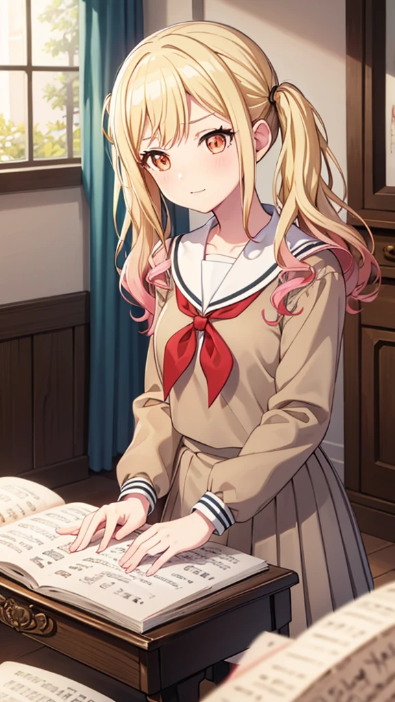 masterpiece, best quality, highres, 1girl, solo, ichigaya arisa, twintails, x hair ornament, , pleated dress, pantyhose, tenmasaki, shirt, long sleeves, twintails , sidelocks, pleated skirt, hairband, serafuku, sailor collar, side ponytail, sweater, neckerchief, eyelashes, buttons, swept bangs, wavy hair, red neckerchief,  grey skirt, white sailor collar, orange bow, happy, cowbow shot, piano, sit, playing piano, piano room