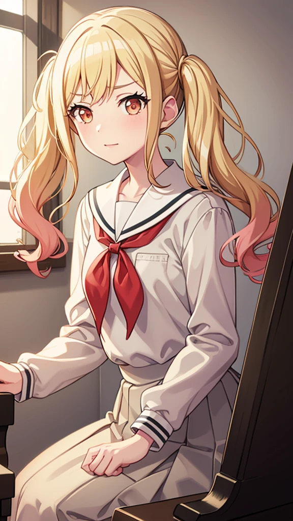 masterpiece, best quality, highres, 1girl, solo, ichigaya arisa, twintails, x hair ornament, , pleated dress, pantyhose, tenmasaki, shirt, long sleeves, twintails , sidelocks, pleated skirt, hairband, serafuku, sailor collar, side ponytail, sweater, neckerchief, eyelashes, buttons, swept bangs, wavy hair, red neckerchief,  grey skirt, white sailor collar, orange bow, happy, cowbow shot, piano, sit, playing piano, piano room