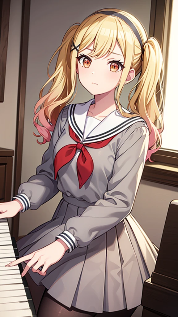 masterpiece, best quality, highres, 1girl, solo, ichigaya arisa, twintails, x hair ornament, , pleated dress, pantyhose, tenmasaki, shirt, long sleeves, twintails , sidelocks, pleated skirt, hairband, serafuku, sailor collar, side ponytail, sweater, neckerchief, eyelashes, buttons, swept bangs, wavy hair, red neckerchief,  grey skirt, white sailor collar, orange bow, happy, cowbow shot, piano, sit, playing piano, piano room