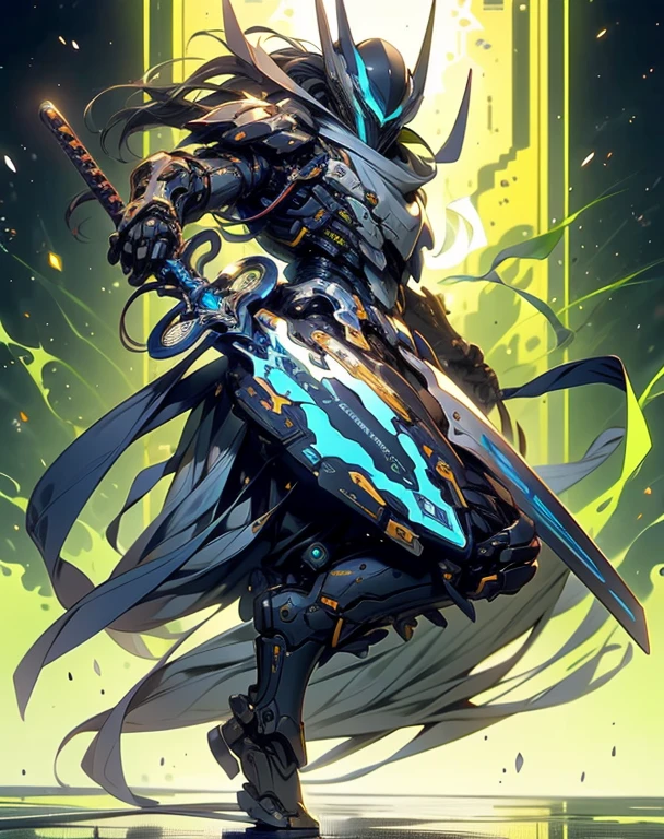 hyper-realistic 3/4 view full body female spacepunk knight with a stern look, holding a weapon, jumping, character design inspired by Yoji Shinkawa and Tsutomu Nihei, black and yellow, battle-worn armored intricate and elegant with scars and scratches, in 16k Ultra Highres.