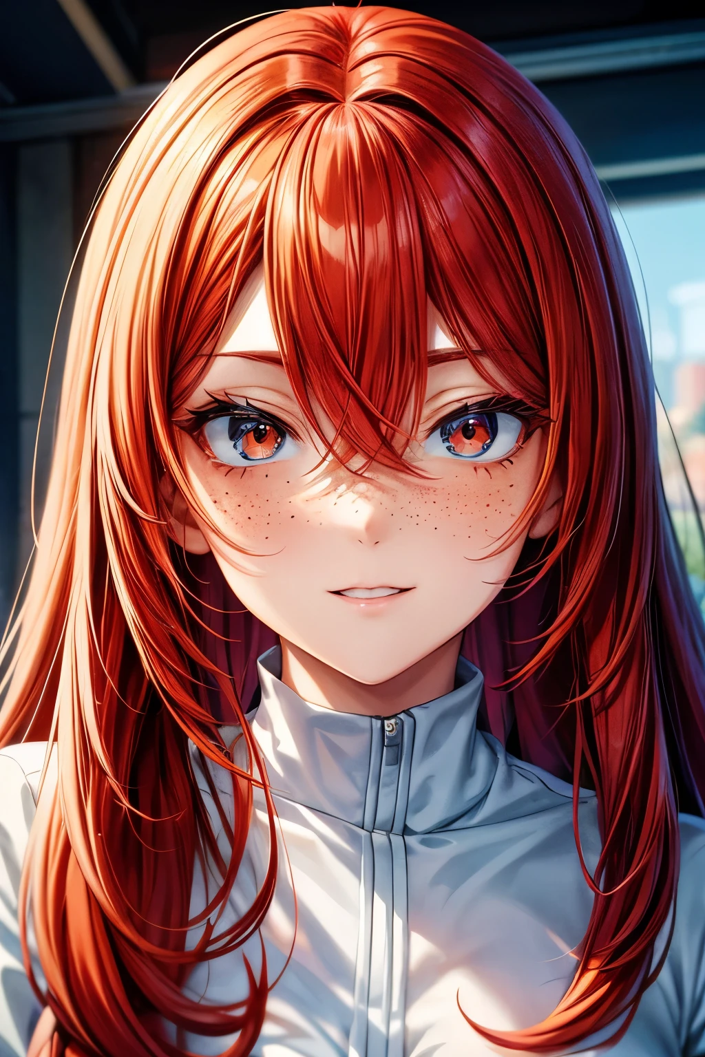 masterpiece, best quality, {best quality}, {{masterpiece}}, {highres}, focus, anime style, a closeup of a cartoon of a woman, girl design, portrait, giesha, anime image, long hair, red hair, redhead, straight eyes, polished and powerful look, exotic, tall, freckles, cheerful, casual chic clothing, colorful, colors