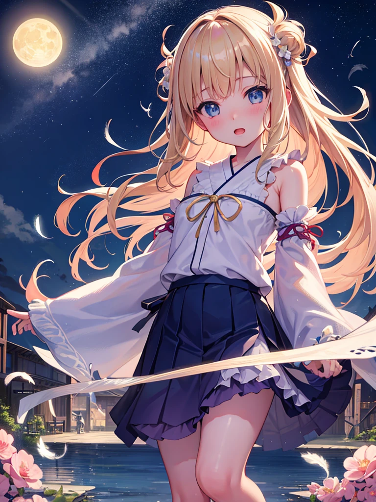 photo realistic, photo realistic, photo realistic, (masterpiece,best quality:1.4),(8k,raw photo,photo realistic:1.2),Not Safe for Work, detailed skin,detailed face,1girl,Japanese idol,cute face,,, Girl Standing On Water、blonde、Wavy Hair、blue eyes、semi-long、no skirt 、cute breasts 、a sexy body 、nude、beautiful eyes、Sparkling、Eyes that seem to be sucked in、Standing Girl、one girl、20 age、Beautiful scenery、moonlight、A very big moon、Beautiful starry sky、shooting star、high resolution、night view、The Lost City、barefoot、whole body、Scattering Flowers、Hanabubuki、pretty fingers、beautiful feet、small breasts、girl in return、broken town、Fluttering feathers、frills、The whole screen is sparkling、Lots of feathers、fantasy、mysterious、face angle,upper body up、