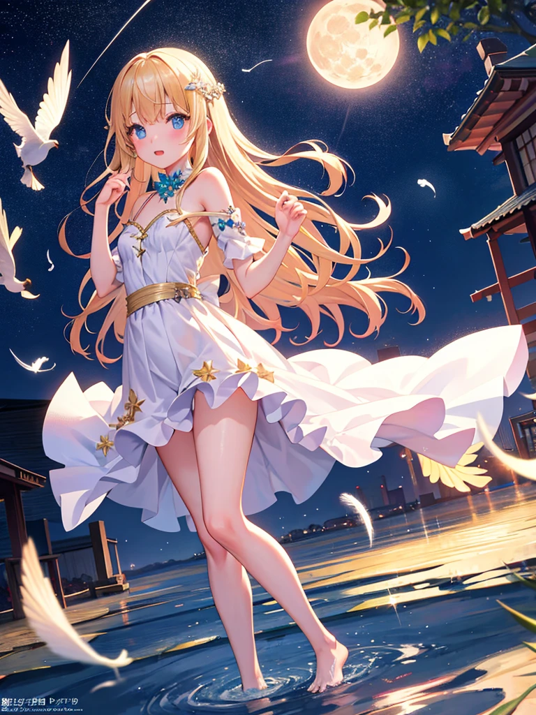 photo realistic, photo realistic, photo realistic, (masterpiece,best quality:1.4),(8k,raw photo,photo realistic:1.2),Not Safe for Work, detailed skin,detailed face,1girl,Japanese idol,cute face,,, Girl Standing On Water、blonde、Wavy Hair、blue eyes、semi-long、no skirt 、cute breasts 、a sexy body 、nude、beautiful eyes、Sparkling、Eyes that seem to be sucked in、Standing Girl、one girl、20 age、Beautiful scenery、moonlight、A very big moon、Beautiful starry sky、shooting star、high resolution、night view、The Lost City、barefoot、whole body、Scattering Flowers、Hanabubuki、pretty fingers、beautiful feet、small breasts、girl in return、broken town、Fluttering feathers、frills、The whole screen is sparkling、Lots of feathers、fantasy、mysterious、face angle,upper body up、