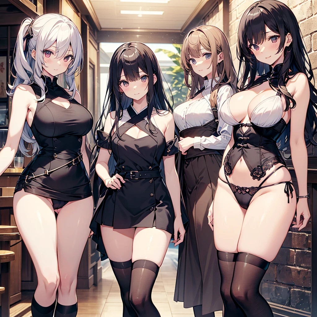 ((((Haremの4人のキャラクターが笑顔で描かれました))))、A group of female adventurers set in a medieval fantasy world,Dragon Quest、 (At the pub), Various Hair Styles, (Harem), night, detailed aspects, Clothes that expose a lot of breasts, Clothes that expose a lot of skin, Micro Mini Skirt, Seduce, Sleeveless、Showing invisible panties、Large Breasts、A little bigger ass、Waist、Pulling up her short skirt