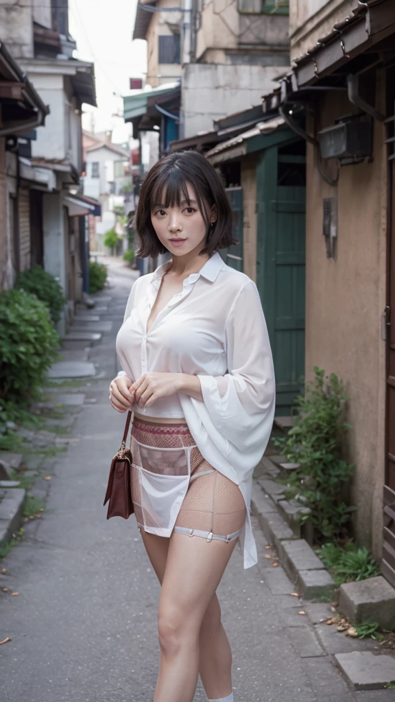 (8k、Best image quality、highest quality、最High resolution、masterpiece、detailed、Actual photo、Professional photography、Realistic、High resolution、CG unity、8k、wallpaper、超High resolution、Digital single-lens reflex camera、Soft lighting、Film Grain、Fujifilm XT3、Depth of written border、Sharp focus、35mm lens focal length、Portraiture)、Japanese、(There is one beautiful mature woman)、40 years old、(Looking at the camera)、(Short Bob Cut Hair)、(Light brown hair)、(Wear heavy makeup)、(thin:1.3)、(Big Breasts)、(Wearing pink lingerie)、(garter belt、Fishnet tights)、(She is wearing a white blouse with a wide neckline..)、(Wear checked clothing)、((Skirt flip))、(carry a bag over your shoulder)、Wearing high heels、(Daytime、Walking alone on a very narrow road, Deserted Alley.)