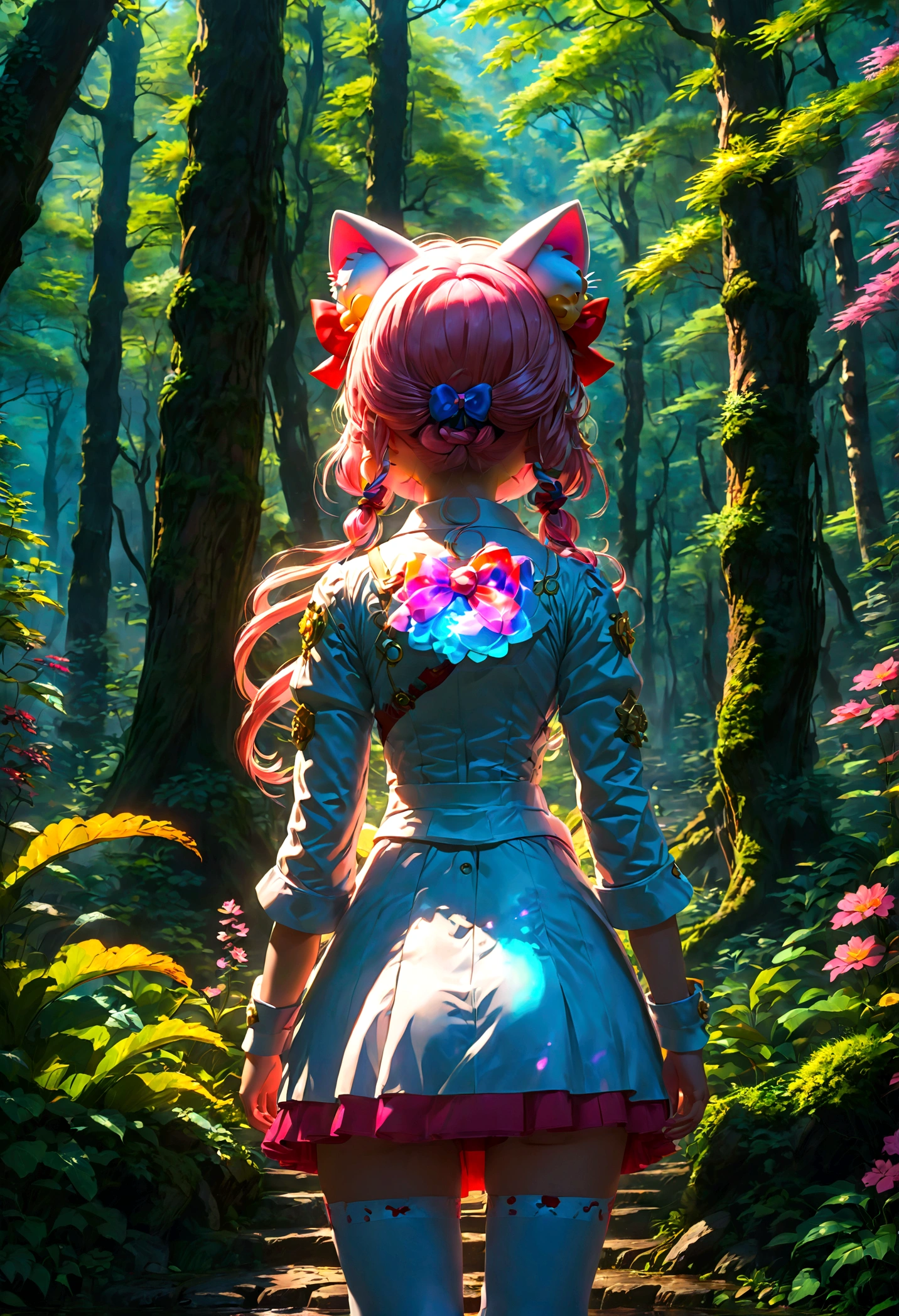 1girl, Hello Kitty, (Back View:1.4), outdoors, forest, anime screenshot, source_anime, dramatic composition, cinematic dynamic action scene, vibrant colors, cinematic lighting, dramatic lighting, best quality, masterpiece, very aesthetic, perfect composition, intricate details, ultra-detailed