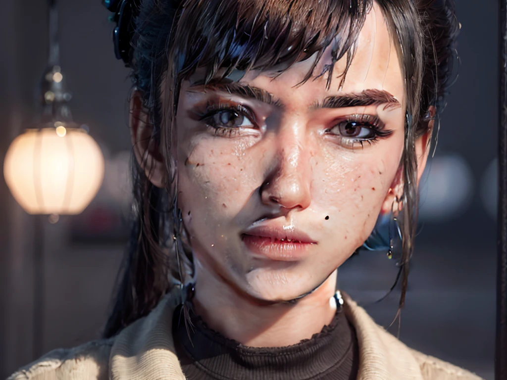 Masterpiece, portrait face, eve, stellar blade, fringe hair , ponytail hair, black turtleneck shirt, oiled skin , wet hair, posing , (light brown eyes), closed smile, ((blushing cheeks)), woman looking camera,