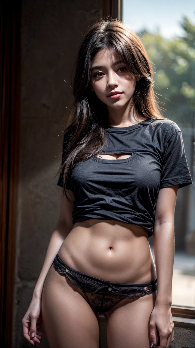 1 chica, modelo de fotografia, sonrisa, centrarse en el espectador, beautiful lighting, mejor calidad, obra maestra, ultra high resolution, Fotorrealista, pelo negro, Blusa corta negra, pantalones cortos, media larga, enormes pechos perfectos, pale skin,( fondo del atardecer:1.4)