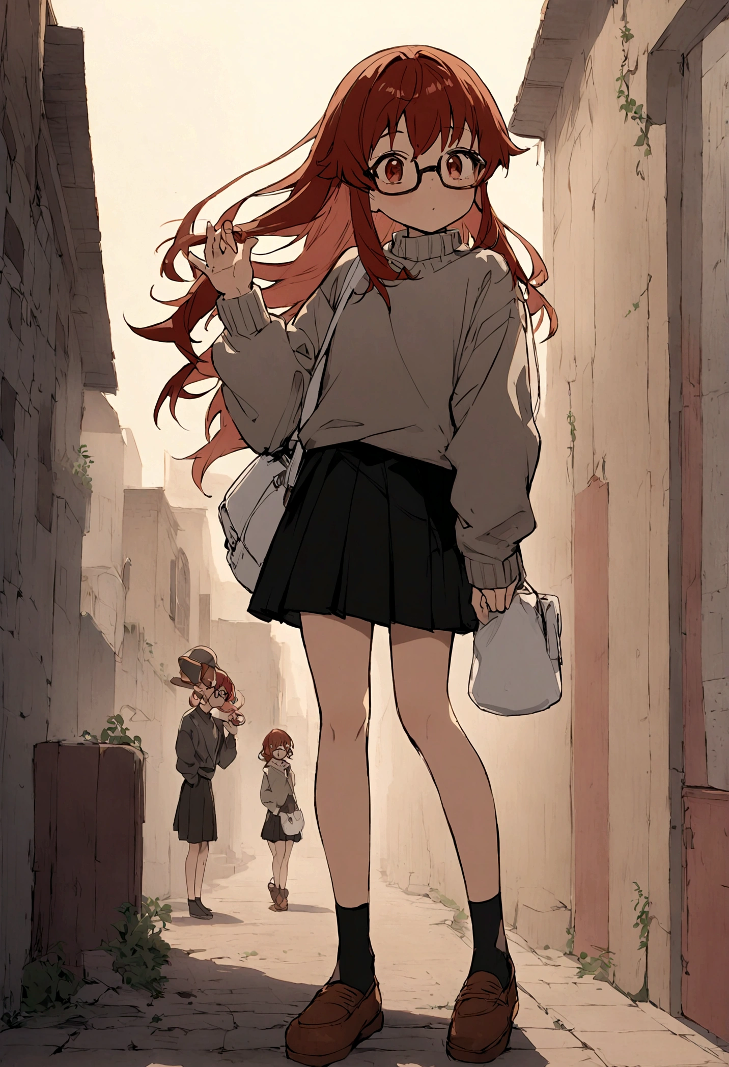 Kakegurui full body female anime character. She has _red____ hair. She was brown eyes. She is wearing a grey sweater ___ with black skirt and moccasin_ shoes. She is holding _a white bag_____ on one hand while the other is in his pocket. She also has _glasses.ㅤ ㅤㅤ ㅤㅤ
