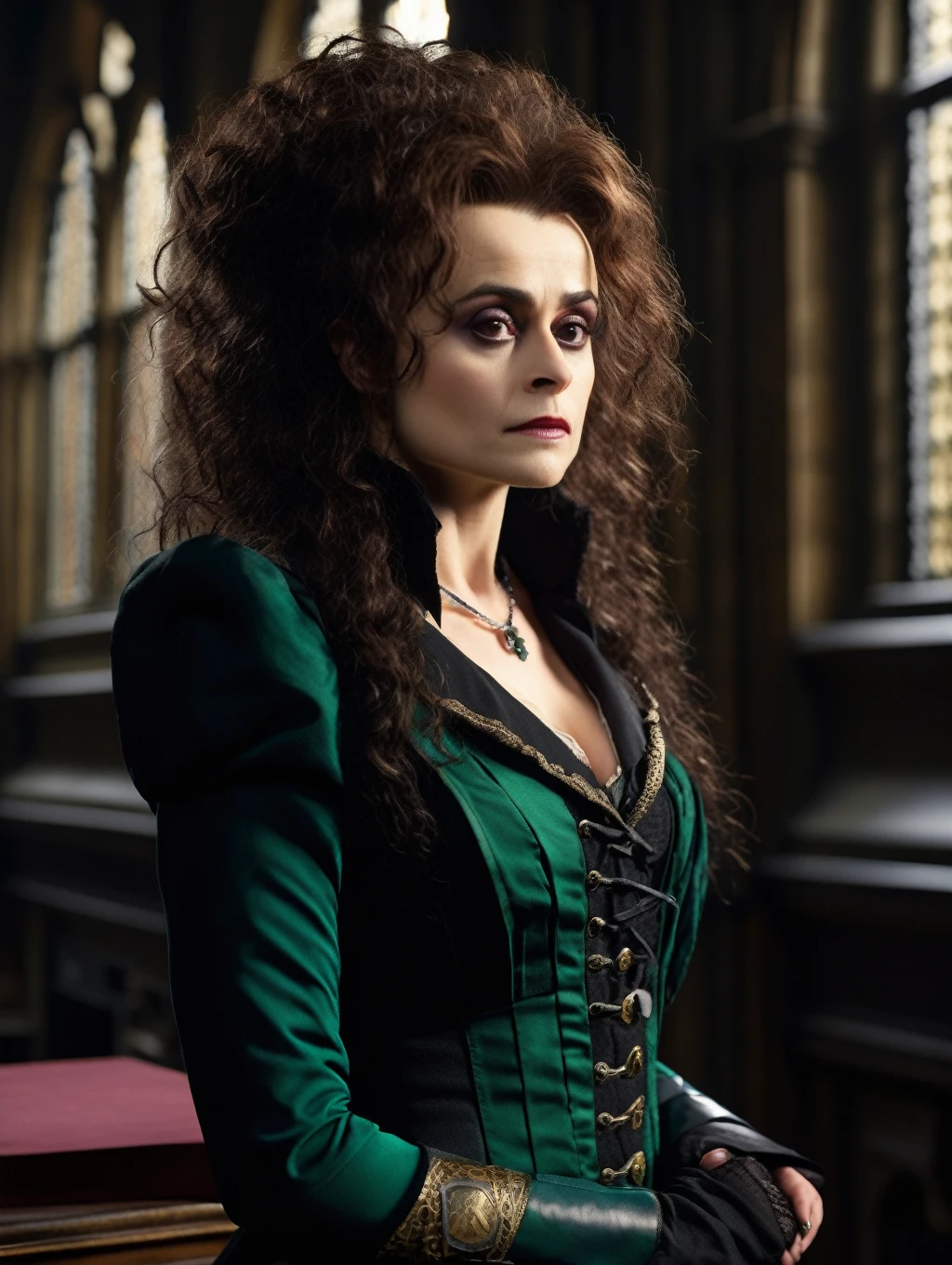 masterpiece, full view (portrait of Helena Bonham Carter at age 20 as Bellatrix Lestrange), in an intimate Slytherin uniform, detailed, Half-length shot, very detailed face, Hogwarts Library in the background, (8K, UHD, DSLR, High Quality, Cinematic Lighting, Bokeh), (Dramatic, Award-Winning Photography, Incredible Masterpiece: 1.3), 16k, Ultra High Resolution.Photorealistic, UHD, RAW