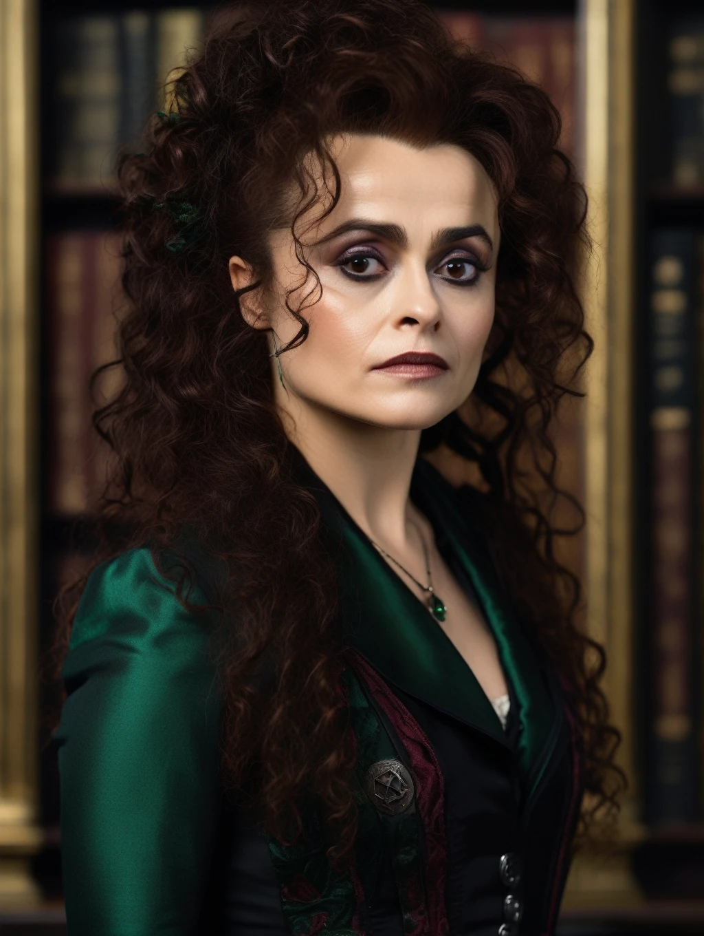 masterpiece, full view (portrait of Helena Bonham Carter at age 20 as Bellatrix Lestrange), in an intimate Slytherin uniform, detailed, Half-length shot, very detailed face, Hogwarts Library in the background, (8K, UHD, DSLR, High Quality, Cinematic Lighting, Bokeh), (Dramatic, Award-Winning Photography, Incredible Masterpiece: 1.3), 16k, Ultra High Resolution.Photorealistic, UHD, RAW
