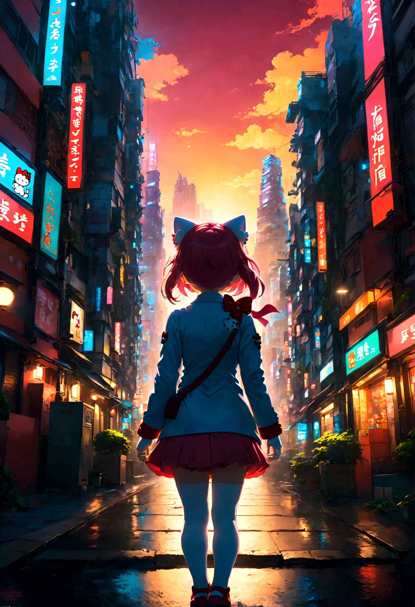 1girl, Hello Kitty, cute, (Back View:1.4), outdoor, city, anime screenshot, source_anime, dramatic composition, cinematic dynamic action scene, vibrant colors, cinematic lighting, dramatic lighting, best quality, masterpiece, very aesthetic, perfect composition, intricate details, ultra-detailed