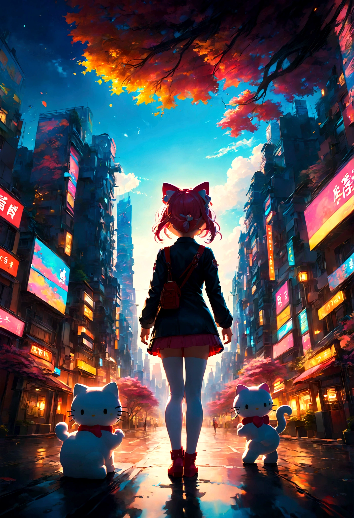 1girl, Hello Kitty, cute, (Back View:1.4), outdoor, city, anime screenshot, source_anime, dramatic composition, cinematic dynamic action scene, vibrant colors, cinematic lighting, dramatic lighting, best quality, masterpiece, very aesthetic, perfect composition, intricate details, ultra-detailed