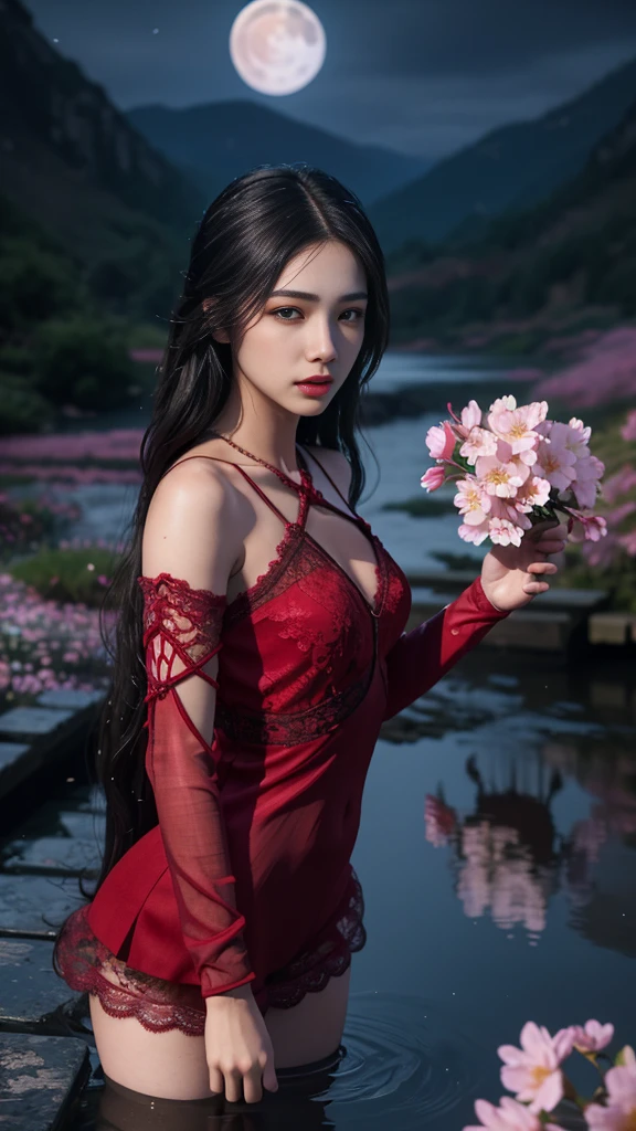 8K, ultra hd, masterpiece, 1 girl, ((18 years old girl)), good face, very long hair, detailed eyes, detailed lips, small breasts, detailed clothing, red clothing, ((criss-cross lace)), sardine, ornament, jewellery, antique jewellery, loops, straps, dim lighting, epic scenery, ((night scenery:1.5)), ((Realistic moon)), cherry blossom, beautiful, rain, flowers, butterfly, water reflection, RTX 4090, (unreal engine 5), ray tracing, bloom effect, front body,