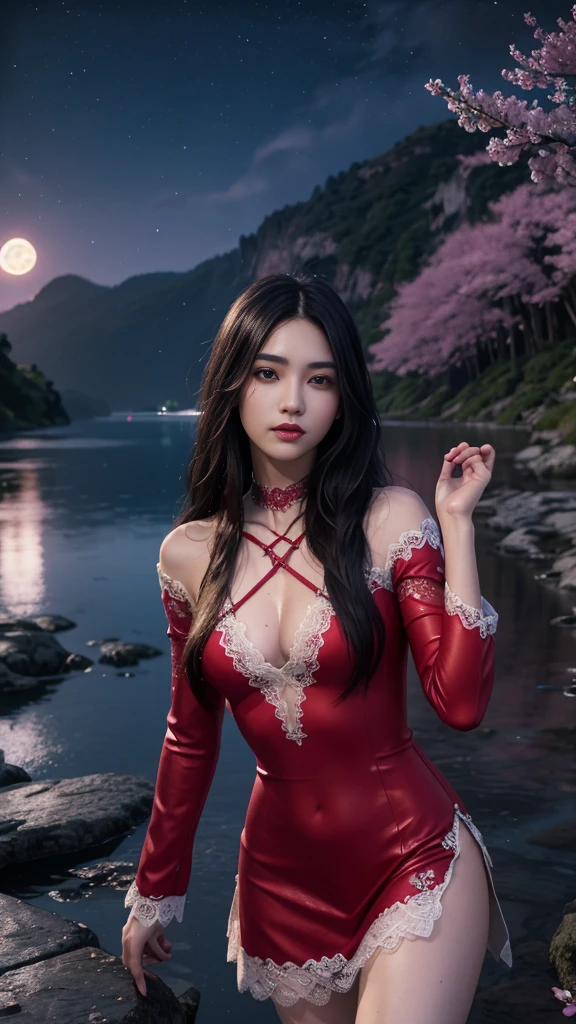 8K, ultra hd, masterpiece, 1 girl, ((18 years old girl)), good face, very long hair, detailed eyes, detailed lips, small breasts, detailed clothing, red clothing, ((criss-cross lace)), sardine, ornament, jewellery, antique jewellery, loops, straps, dim lighting, epic scenery, ((night scenery:1.5)), ((Realistic moon)), cherry blossom, beautiful, rain, flowers, butterfly, water reflection, RTX 4090, (unreal engine 5), ray tracing, bloom effect, front body,