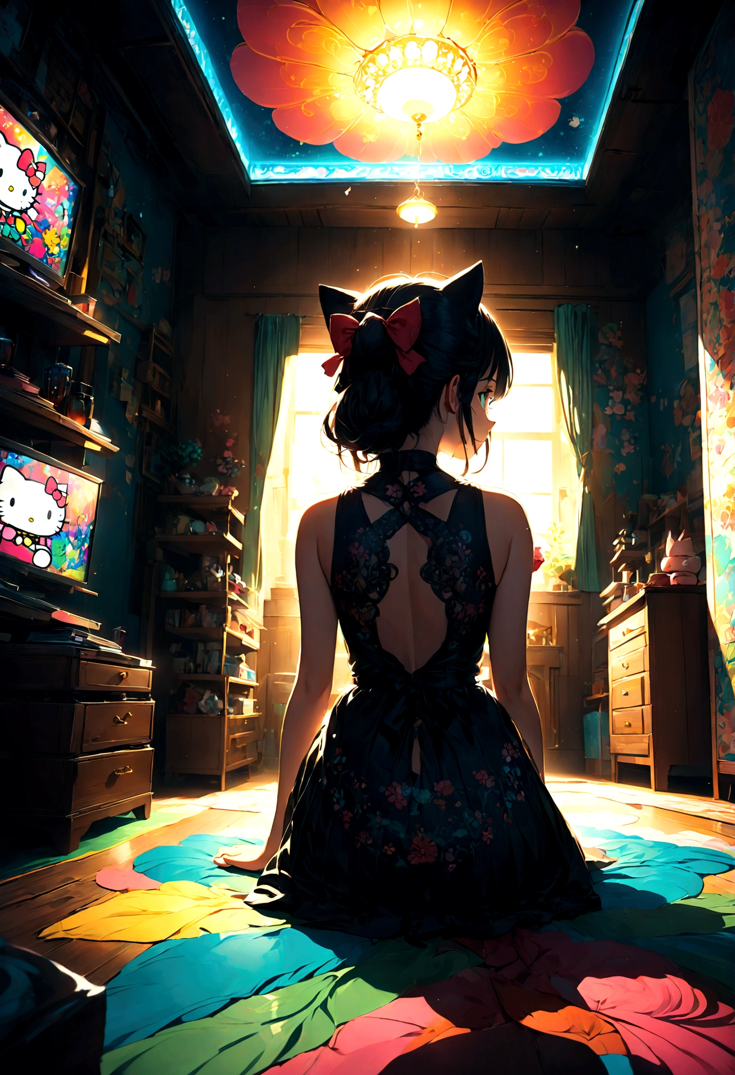 1girl, Hello Kitty, cute, (Back View:1.4), indoor, home, anime screenshot, source_anime, dramatic composition, cinematic dynamic action scene, vibrant colors, cinematic lighting, dramatic lighting, best quality, masterpiece, very aesthetic, perfect composition, intricate details, ultra-detailed