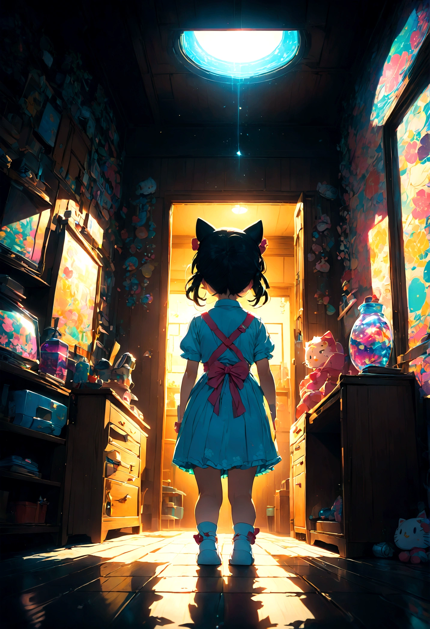 1girl, Hello Kitty, cute, (Back View:1.4), indoor, home, anime screenshot, source_anime, dramatic composition, cinematic dynamic action scene, vibrant colors, cinematic lighting, dramatic lighting, best quality, masterpiece, very aesthetic, perfect composition, intricate details, ultra-detailed
