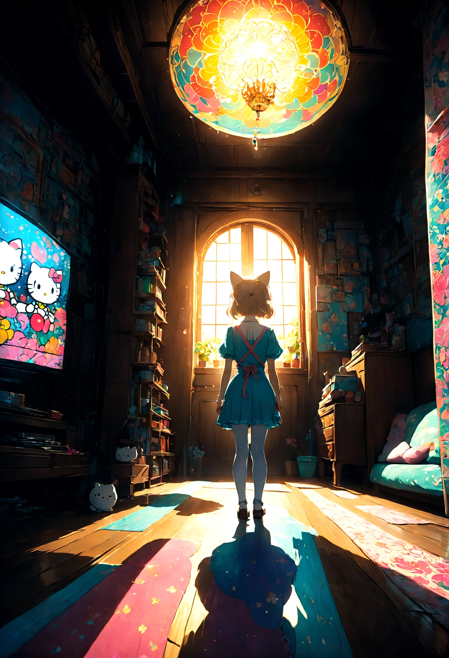 1girl, Hello Kitty, cute, (Back View:1.4), indoor, home, anime screenshot, source_anime, dramatic composition, cinematic dynamic action scene, vibrant colors, cinematic lighting, dramatic lighting, best quality, masterpiece, very aesthetic, perfect composition, intricate details, ultra-detailed